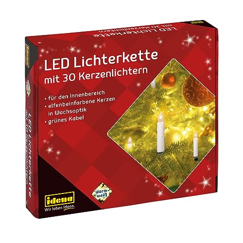 Idena 38192 - LED Kerzen Lichterkette mit 30 LEDs in Warmweiß, elfenbeinfarbene Kerzen mit Befestigungs-Klemmen, ca. 16 m, Deko für Innen, Weihnachtsdeko und Beleuchtung für den Weihnachtsbaum von Idena