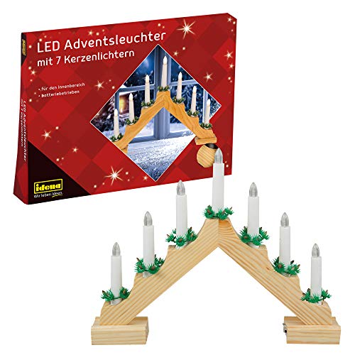 Idena 8582092 - LED Adventsleuchter mit 7 LED Kerzenlichtern in Warmweiß, Schwibbogen aus naturfarbenem Holz, batteriebetrieben, Deko für Innen, als Winter-, Advents- und Weihnachtsdeko von Idena