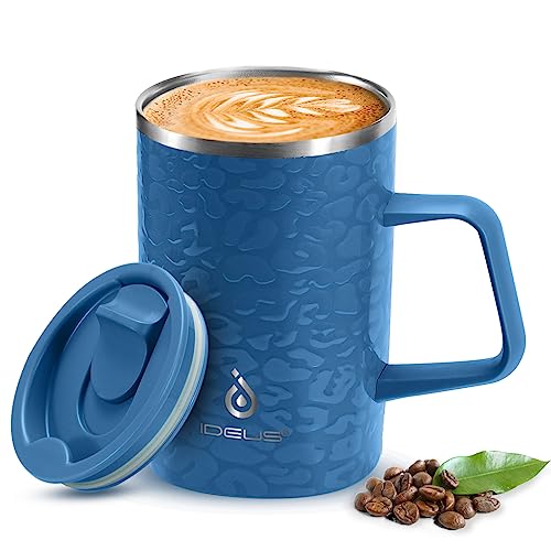 Ideus Vakuumisolierter Kaffeebecher, 473 ml, wiederverwendbar, Edelstahl, doppelwandig, mit Griff und Schieberdeckel für heiße und kalte Getränke, BPA-frei (Leapord Blue) von Ideus