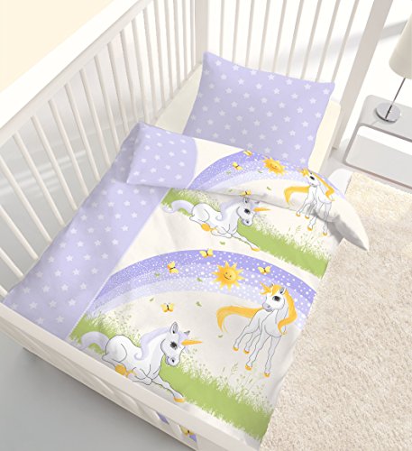 Ido Fein Biber Baby Mädchen Bettwäsche Magic Dream Stars Einhorn & Unicorn Sterne in Flieder, lila - 100% Baumwolle - Größe 40x60 + 100 x 135 cm von Ido