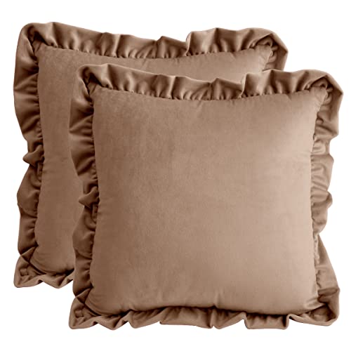 Idocolors 2er Set Samt Kissenbezug mit Rüschen für Sofa Dekorative Kissenhülle, Dekokissenbezuge für Schlafzimmer Wohnzimmer Zierkissenbezüge Khaki 40x40 cm von Idocolors