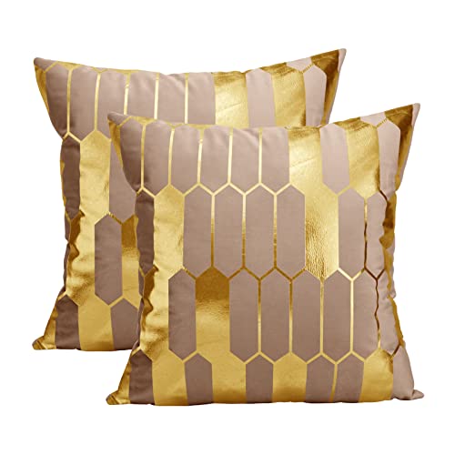 Idocolors Samt Kissenbezug 45x45 cm 2er Set Dekorative Kissenhülle mit Goldenes Muster, Dekokissenbezuge für Sofa Zierkissenbezüge Khaki von Idocolors