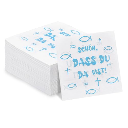 Idota 80 Stück Servietten Taufe, 33x33cm Fisch Serviette Taufe Deko Stark Saugfähig Deko Taufe Junge 'Schön, Dass Du Da Bist!' Tischdeko Taufe für Servietten Hochzeit Geburtstag Babytaufe (Blau) von Idota