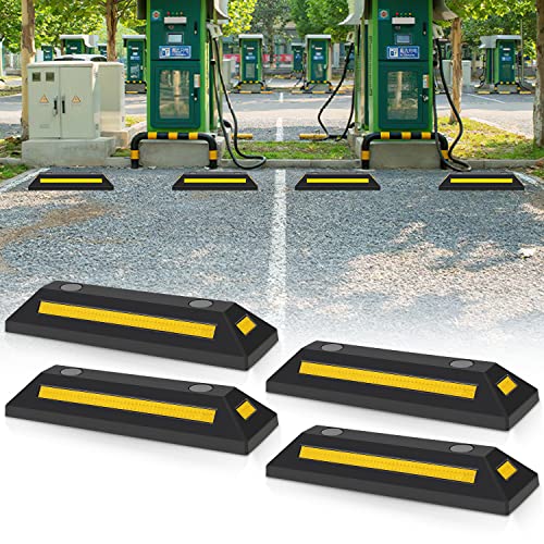 Ikodm 4 Stück Parkplatzsperre Gummi Radstopper Parkplatzbegrenzer Parkbegrenzung Parkplatzmarkierung Anfahrschutz mit Gelb Reflektierende Streifen für Garage und Parkplätze von Ikodm