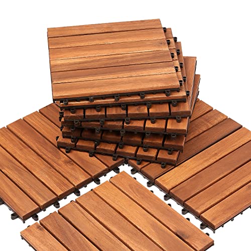 Ikodm Holzfliesen Akazienholz Terrassenfliesen, 11 Stück, 1 m² Balkonfliesen set, 30 x 30 cm Gartenfliesen für Garten Terrasse Balkon Patio, Leicht verlegbar, wetterfest, Braun von Ikodm