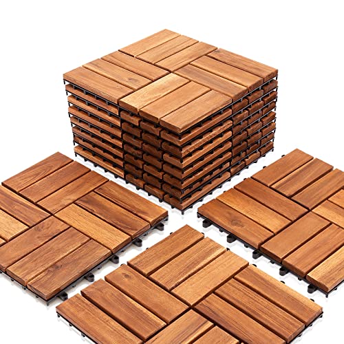 Ikodm Holzfliesen Akazienholz Terrassenfliesen, 11 Stück, 1 m² Balkonfliesen set, 30 x 30 cm Gartenfliesen für Garten Terrasse Balkon Patio, Leicht verlegbar, wetterfest, Braun von Ikodm