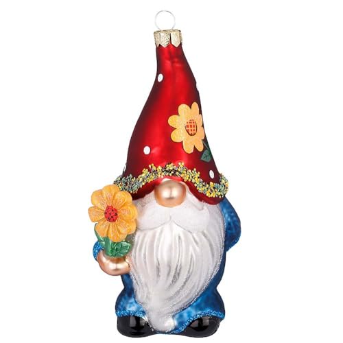 Weihnachtsbaumfigur Gartenwichtel 13.5cm | Weihnachten Weihnachtskugel Christbaumschmuck | Figur süßer Zwerg aus Glas (Blümchen blau) von Inge-glas