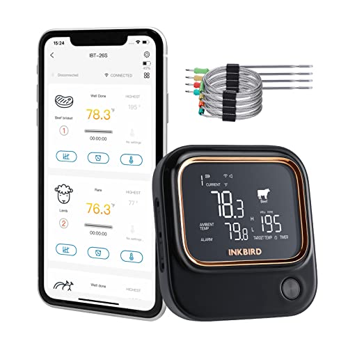 Inkbird IBT-26S Fleischthermometer, Bluetooth 5.1 Signal 70m und WIFI 2.4G, Thermometer mit 4 Temperaturfühlern, Magnetische Halterung, USB-Aufladbar, Grillthermometer für Küche Ofen Grill BBQ Smoker von Inkbird