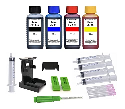 Inkpro Nachfüllset für PG-560 (XL) Schwarz + CL-561 (XL) Color - 4 x 100 ml Nachfülltinte für Pixma TS5300, TS5350, TS5351, TS5352, TS5353, TS5450, TS5451, TS5452, TS7400, TS7450, TS7451 von Inkpro