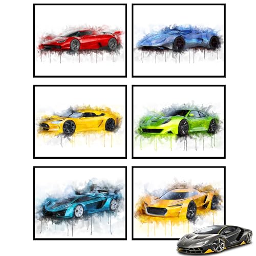 Auto-Poster – Auto-Wandkunst Set von 6 (25,4 x 20,3 cm) für Jungenzimmer | Auto-Wanddekoration Auto-Raumdekoration ungerahmte Poster Jugendzimmer Auto-Bilder Wand, Aquarell-Set 2 von Insire