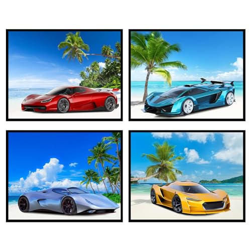 Auto-Poster – Sportwagen-Poster Drucke für Männer Jungen Schlafzimmer Set von 4 (25,4 x 20,3 cm) Jungenzimmer ungerahmtes Auto-Wandkunst, Raumdekoration Teenager, Jungen, Strand-Thema von Insire