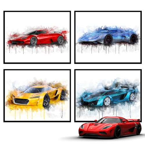 Insire Auto-Poster für Jungenzimmer, Auto-Poster, Rennwagen-Poster – Set mit 4 (20,3 x 25,4 cm) Kinder-Poster für Jungenzimmer Autos Poster Rennwagen Schlafzimmer Dekor für Jungen, Sportwagen-Poster, von Insire