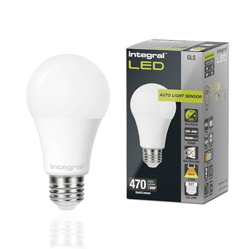 Integral LED 2PK GLS E27 Nicht dimmbare Milchglas Glühlampe mit Dämmerungssensor | LED Glühbirne e27 | Warm White 2700K, 470lm, 4.8W (entspricht 40W) Energieeffizient für Veranda, Garage, Garten von Integral