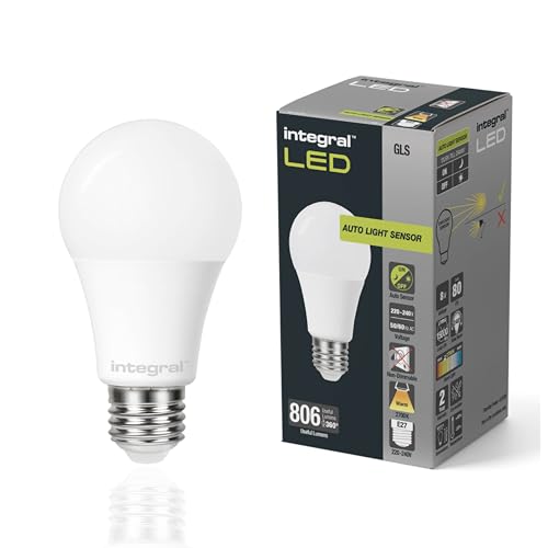 Integral LED 2PK GLS E27 Nicht dimmbare Milchglas Glühlampe mit Dämmerungssensor | LED Glühbirne e27 | Warm White 2700K, 806lm, 8W (entspricht 60W) - Energieeffizient für Veranda, Garage, Garten von Integral