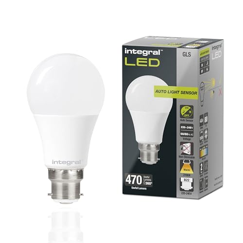 Integral LED GLS B22 Nicht dimmbare Milchglas Glühlampe mit Dämmerungssensor | Dual Sensor Warm White 2700K, 470lm, 4.8W (entspricht 40W) für draußen, Veranda, Garage, Garten von Integral