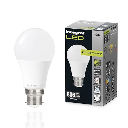 Integral LED GLS B22 Nicht dimmbare Milchglas Glühlampe mit Dämmerungssensor | Dual Sensor Warm White 4000K, 806lm, 8W (entspricht 60W) für draußen, Veranda, Garage, Garten von Integral