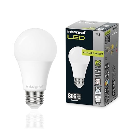 Integral LED GLS E27 Nicht dimmbare Milchglas Glühlampe mit Dämmerungssensor | LED Glühbirne e27 | Cool White 4000K, 806lm, 8W (entspricht 60W) - Energieeffizient für Veranda, Garage, Garten von Integral