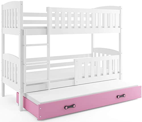 Interbeds Etagenbett Hochbett QUBA fur DREI Kinder 200x90cm Farbe: WEIß; mit Lattenroste und Matratzen (weiß + rosa Schublade) von Interbeds
