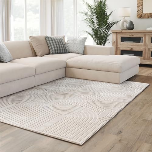 Interiyou Kurzflor Teppich Cannes - 280x380 cm Creme - Skandinavisches Boho Muster mit 3D Hoch-Tief Effekt - Flach mit Geometrischem Muster von Interiyou