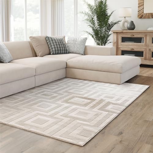 Interiyou Kurzflor Teppich Cannes - 240x340 cm Creme - Skandinavisches Boho Muster mit 3D Hoch-Tief Effekt - Flach mit Geometrischem Muster von Interiyou