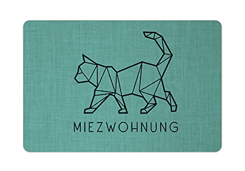 Interluxe Fußmatte 40x60 cm - Miezwohnung- rutschfeste Fussmatte, Katze, Fellnase, Haustier, Kater Türkis von Interluxe