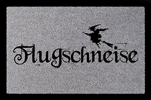 Interluxe TÜRMATTE Fußmatte FLUGSCHNEISE Spruch Hexe Hallooween Flur Türvorleger Deko Hellgrau von Interluxe