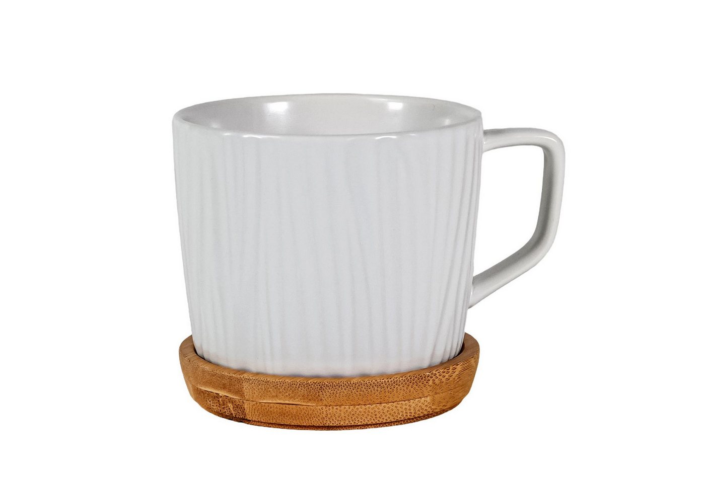 Intirilife Tasse, Keramik, Kaffee Tee Tasse Rillen Muster 230 ml Keramik mit Holz Untersetzer von Intirilife