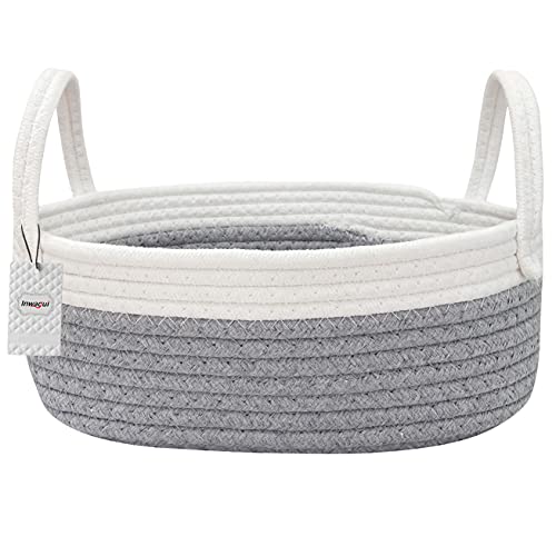 Inwagui Baby Aufbewahrungskorb Geflochtener Baumwolle Seil Korb mit Griffen, zum Organisieren von Schlafzimmer und Bad, 30x20x11cm, Grau & Weiß von Inwagui