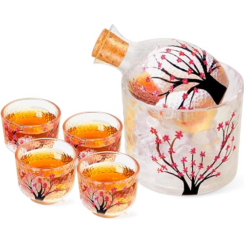 6 Stück Japanisches Sake Set für 4 Rosa Kirschblüten Sake Flasche Becher Set, Inklusive Sake Bottle Sake Tank und 4 Sake Becher für Kalte Heiß Warm Sake Karaffe, Japanisches Geschenkset von Irenare