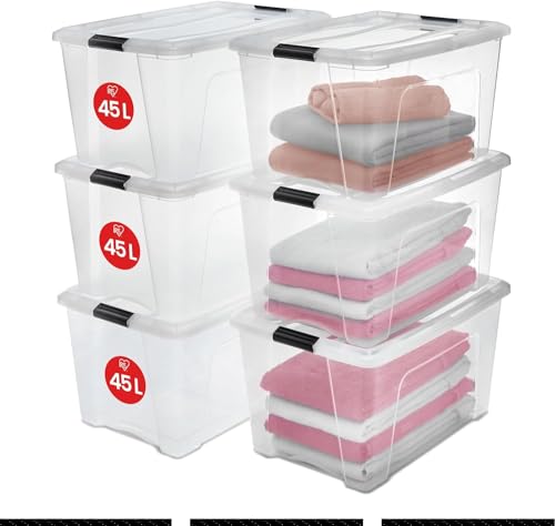 Iris Ohyama, 6er-Set, Aufbewahrungsboxen, 45 L, mit Clips, stapelbar, Wohnzimmer, Schlafzimmer, Garage - New Top Box NTB-45 - Transparent von Iris Ohyama