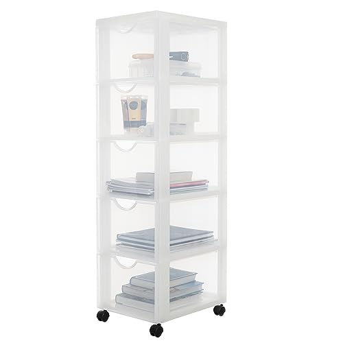 Iris Ohyama Kunststoff-Schubladenbox mit Rollen, 5 tiefen Schubladen, Mattweiß, Griffe zum Ziehen, Für Schlafzimmer, Schule & Büro, BPA-frei, Schubladenschrank, Rollcontainer, A4 Drawer, DDDC-305 von Iris Ohyama