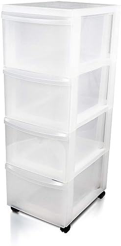 Iris Ohyama Kunststoff-Schubladenbox mit Rollen, 4 tiefen Schubladen, Mattweiß, Griffe zum Ziehen, Für Schlafzimmer, Bad, Schule & Büro, BPA-frei, Schubladenschrank, Rollcontainer, A4 Drawer, DC-304 von Iris Ohyama