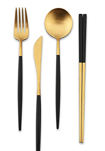 Islandoffer Premium 304 Edelstahl Messer, Gabel, Löffel, Stäbchen-Set, Besteck, Geschirr-Set mit schwarzer Geschenkbox (Schwarz / Gold) von Islandoffer