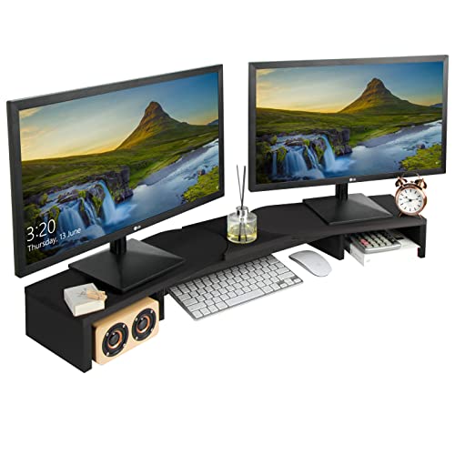 J JACKCUBE DESIGN MK547C Doppel-Monitorständer aus Holz mit verstellbarem Winkel, 2 Monitore, Schreibtisch-Organizer, Computer-Tischplatte, Bildschirmregal für PC, TV, Laptop, Schwarz von J JACKCUBE DESIGN