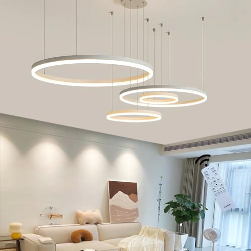 J.SUNUN LED Pendelleuchte Moderne weiß 4-Ring Kronleuchter Wohnzimmerlamp 108W 8650LM Dimmbar mit Fernbedienung Hängelampe Deckenbeleuchtung Für Schlafzimmer Wohnzimmer Esstisch leuchte 20×40×60×80CM von J.SUNUN