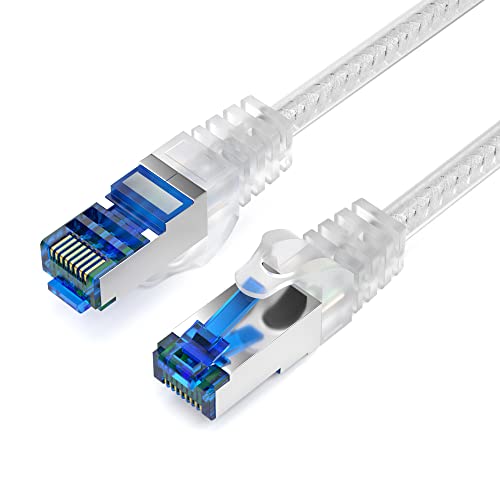 JAMEGA - 0,25m CAT 7 Netzwerkkabel Gigabit Ethernet Lan Kabel in transparent | 10000 Mbit s | Patchkabel Cat.7 Rohkabel S FTP PIMF Schirmung mit RJ45 Stecker | Switch Router Modem Access Point von JAMEGA