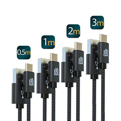 JAMEGA – USB Typ C Kabel Schwarz 4er Pack (0,5m 1m 2m 3m) | 3A Nylon geflochten USB C Ladekabel und Datenkabel Fast Charge Snyc schnellladekabel kompatibel mit Samsung Galaxy S10/S9, Huawei P30/P20 von JAMEGA