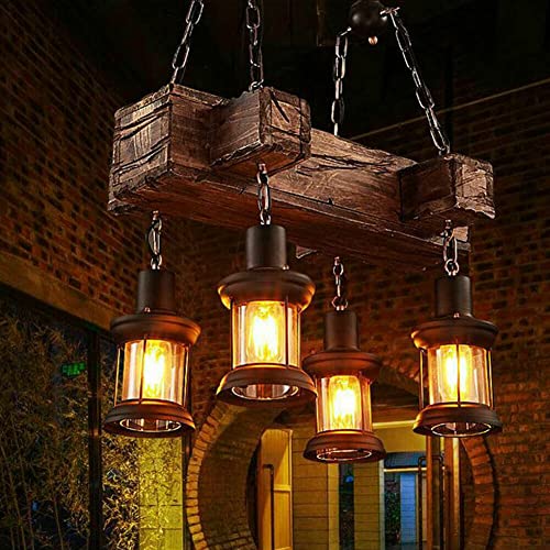 Retro Pendelleuchte Industrial Loft Bar Hängelampe 4 E27 Lampe Vintage Holz Kronleuchter Rustikale Deckenleuchte Höhenverstellbar Schwarze von JAYEUW