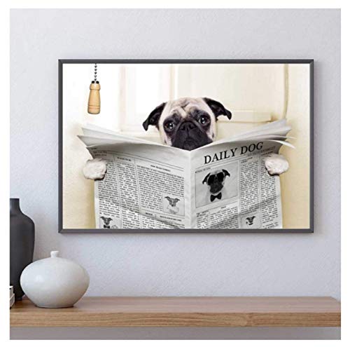 RUIYANMQ Leinwand Bild Bulldogge Hund Mops Lesen Zeitung Wandkunst Lustige Print Liebhaber Geschenke Wandbehang Toilette Wohnkultur Ky489Fa 40X60Cm Rahmenlos von RUIYANMQ