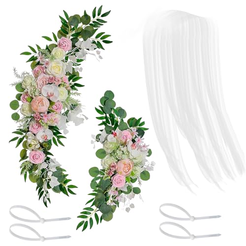 Bogenblumen mit Durchsichtigen Vorhängen (3er-Set), 2 Hochzeitsblumen mit 1 Vorhangstoff für Hochzeitszeremonie und Empfangshintergrund, Bogendekoration(Hell-Pink) von JDEFARF