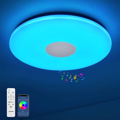 JDONG LED Deckenleuchte Dimmbar 18W mit Bluetooth Lautsprecher IP44 Wasserfest Rund Badezimmer led Deckenlampe mit Fernbedienung und APP RGB Farbwechsel Einstellbar für Schlafzimmer Wohnzimmer Ø30cm von JDONG