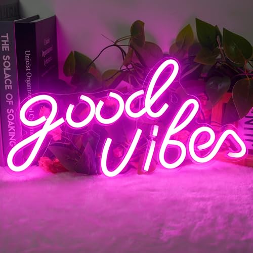 JEMESI Good Vibes Neon Schild, Rosa LED-Neonlichter, Led Leuchtreklame, Neon Wandleuchte, USB Buchstaben Neonlicht, Neon Schriftzug, Neonschilder für Geburtstagsfeier Wand Dekoration von JEMESI