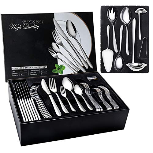 48 teiliges Besteck Set 8 Personen, Edelstahl Besteckset mit Servierbesteck, Essbesteck mit Gabeln Messer Löffel Servierset, poliert, Spülmaschinenfest von JIALONGDA