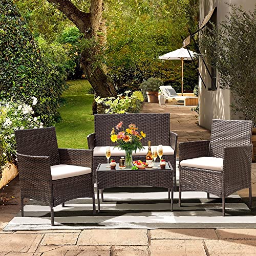 JINPALAY Balkonmöbel Rattan Gartenmöbel Set Sitzgruppe Lounge-Set Terrassenmöbel für 4 Personen Sofa, Singlestühle, Tisch und Sitzkissen von JINPALAY