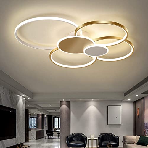 Modern LED Deckenleuchte Groß Wohnzimmerlampe Dimmbar Mit Fernbedienung, Runden Rings Design Deckenlampe Kreative Metall Acryl Beleuchtung Esszimmer Schlafzimmer Dekor Pendelleuchte,Gold,82CM/88W von JINWELL