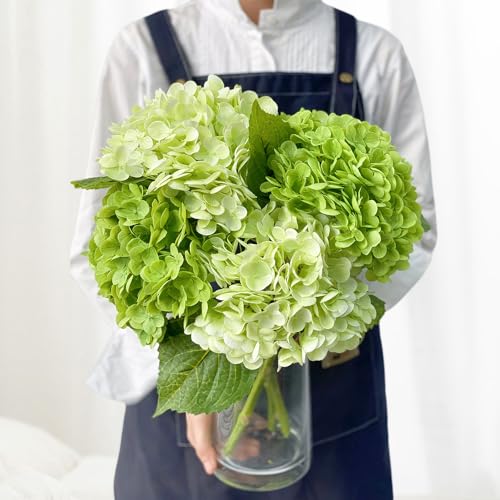 JINWOE 4 grüne künstliche Hortensien, 53,3 cm, Latex, fühlt sich echt an, lebensechte Hortensien, künstliche Blumen, große Kunstblumen für Hochzeit, Outdoor, Küche, Tisch, Zuhause, Garten von JINWOE