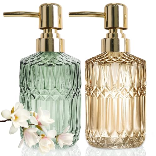 JINYOMFLY Seifenspender Grün Roségold Glas, Shampoo Flaschen zum Befüllen, Seifenspender Glas mit Pumpe, Pumpspender aus Glas, Vintage Seifenspender 2er Set, 390ML von JINYOMFLY