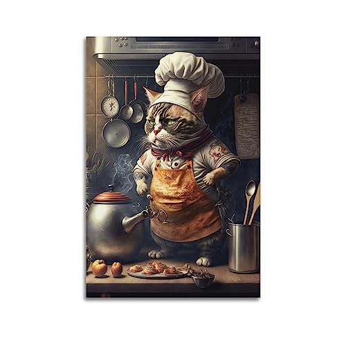 JIYUN Vintage-Poster, niedliche Koch-Katze, Tier-Illustration, Poster, dekorative Malerei, Leinwand, Wandposter und Kunstbild, Druck, modernes Familien-Schlafzimmer, Dekoration, Poster, 60 x 90 cm von JIYUN