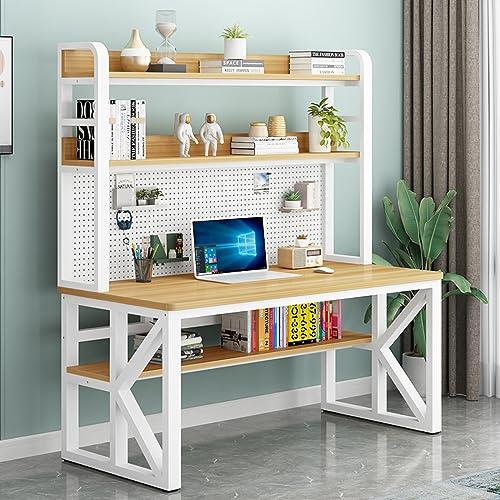 JMOZHCD Computertisch mit Staufächern und Stecktafel, moderner Studenten-Schreibtisch, großer Arbeitstisch für Heimbüro, naturfarben + weiß, 99 cm von JMOZHCD