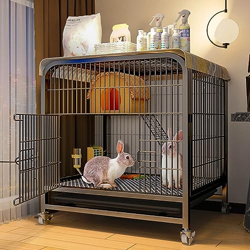 Kaninchenkäfig – Käfig für Kleintiere, Kaninchenhaus mit Drahtboden, auslaufsichere Kunststoffschale, 2-lagiger Meerschweinchenkäfig mit Rädern (Black 60 * 45 * 66cm) von JMOZHCD